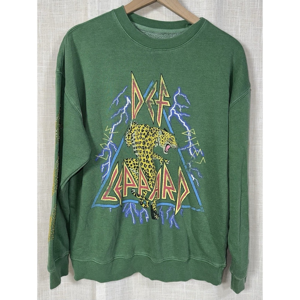 Def Leppard Green Graphic Sweatshirt Rhinestone Star Sleeves Women's Size S